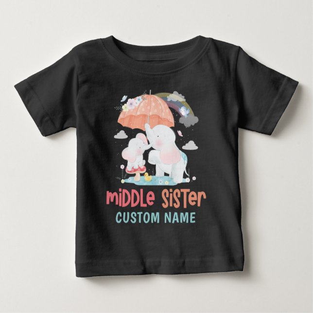 Camiseta Para Bebê Nome Personalizado de Irmã Média dos Elefantes Whi (Frente)