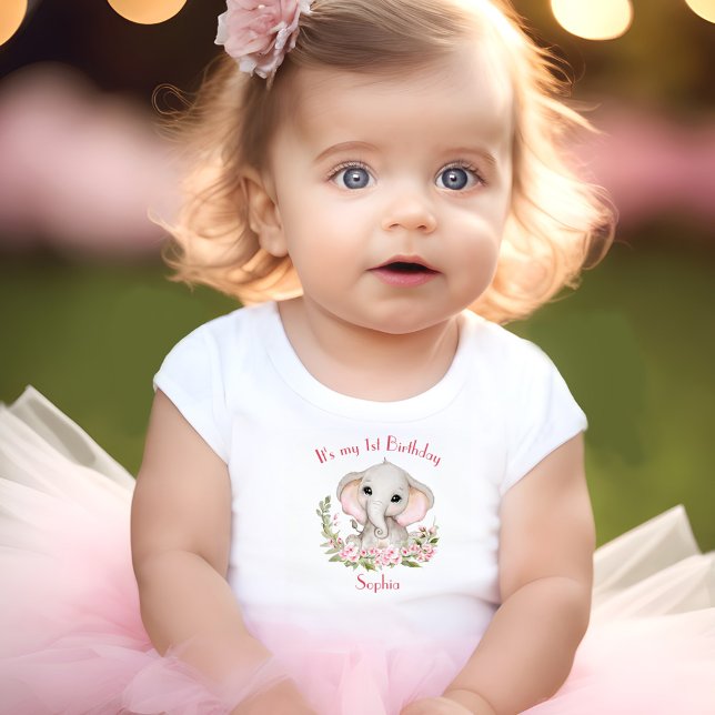 Camiseta Para Bebê Nome Personalizado do Elefante Rosa-Rosa-primeiro  (First Birthday Girl Elephant Pink Personalized Baby T-Shirt)