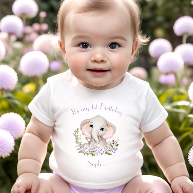Camiseta Para Bebê Nome Personalizado do Elefante Roxo da Rapariga pr (1st Birthday Girl Elephant Purple Custom Name Baby T-Shirt)