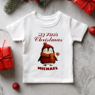 Camiseta Para Bebê Nome Personalizado do Pinguim do Primeiro Natal do