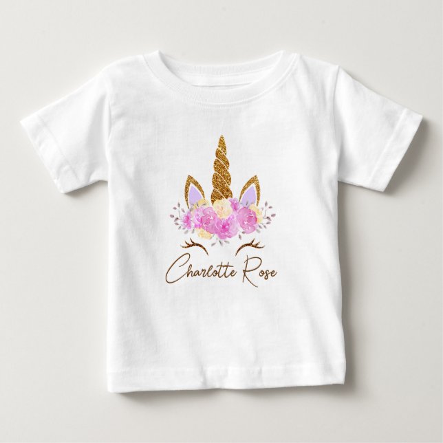 Camiseta Para Bebê Nome Personalizado Floral Unicórnio Meninas  (Frente)