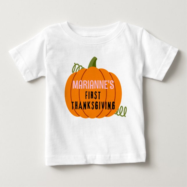 Camiseta Para Bebê Nome Personalizado Pumpkin de Primeira Ação de Gra (Frente)
