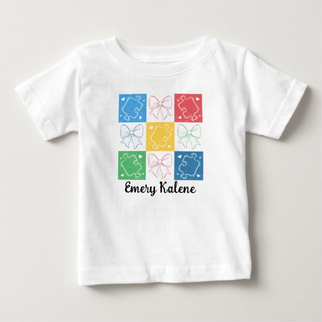 Camiseta Para Bebê Nome Personalizado Retro Xadrez Consciência do Aut (Frente)