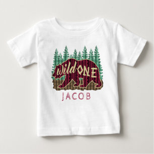Camiseta Para Bebê Nome tribal selvagem da xadrez do urso do partido