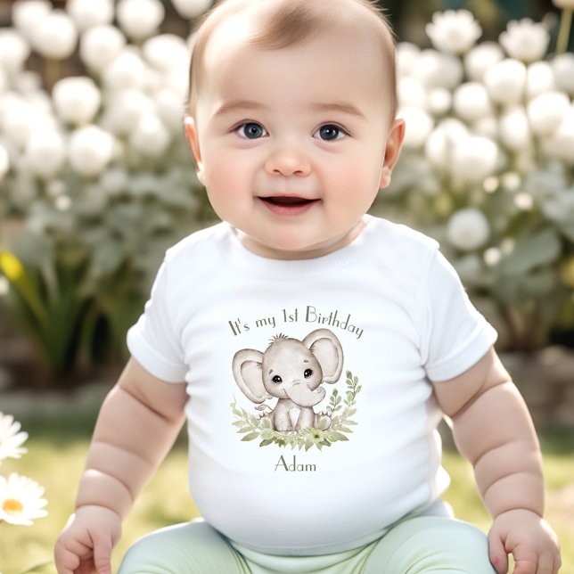 Camiseta Para Bebê Nome Verde do Elefante do primeiro aniversario (1st Birthday Boy Elephant Green Name Baby T-Shirt)