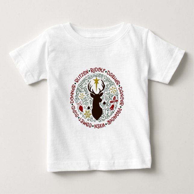 Camiseta Para Bebê Nomes de Reindeers do Rudolf de Natal (Frente)
