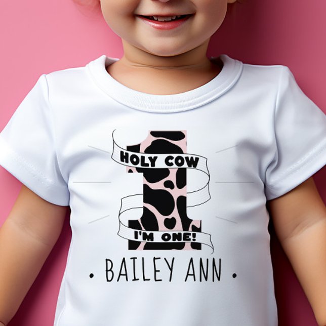 Camiseta Para Bebê Nossa, sou uma de primeiro aniversário Meninas lin (holy cow I'm one first birthday bday shirt for girls pink cow print custom name)