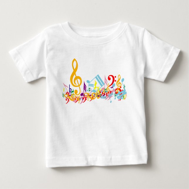 Camiseta Para Bebê Notas musicais misturadas coloridas (Frente)