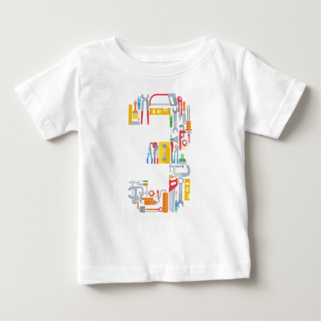 Camiseta Para Bebê Número 3 Ferramentas de Construção 3 Anos (Frente)