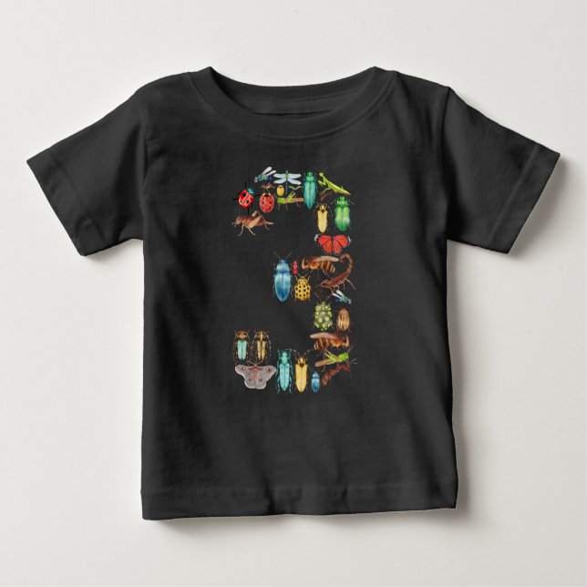 Camiseta Para Bebê Número 3 Insetos Insetam Besouros Tema 3 Anos (Frente)