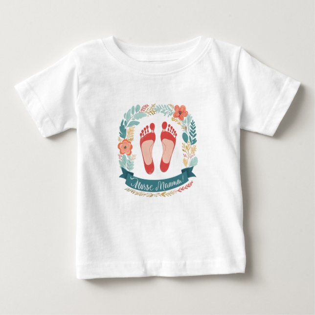 Camiseta Para Bebê Nurse Mamma with Baby Footprints and Floral Frame (Frente)