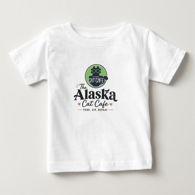 Camiseta Para Bebê O Cat Cafe do Alasca “Ronronar, Beber, Repetir” (Frente)