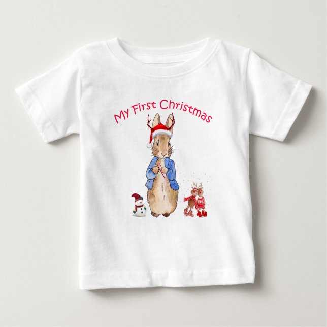 Camiseta Para Bebê O Coelho Peter Meu Primeiro Natal  (Frente)