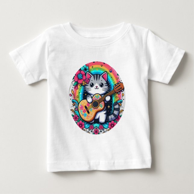 Camiseta Para Bebê O gato sorridente com uma guitarra (Frente)