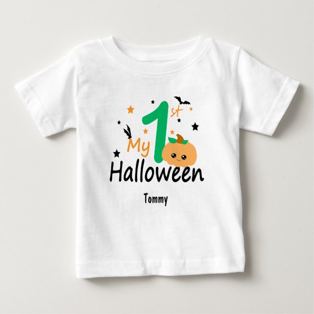 Camiseta Para Bebê O meu Halloween de 1rua. Abóbora, Morcegos, Nome E (Frente)