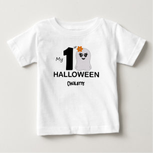 Camiseta Para Bebê O meu Halloween de 1rua. Fantasma na folha. Nome e