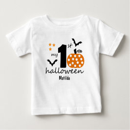 Camiseta Para Bebê O meu Halloween de 1rua. Pumpkin & Bats. Nome edit