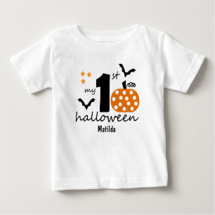 Camiseta Para Bebê O meu Halloween de 1rua. Pumpkin & Bats. Nome edit