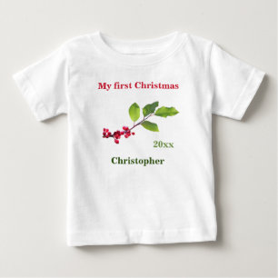 Camiseta Para Bebê O meu primeiro nome de Natal data Holly berry T-Sh