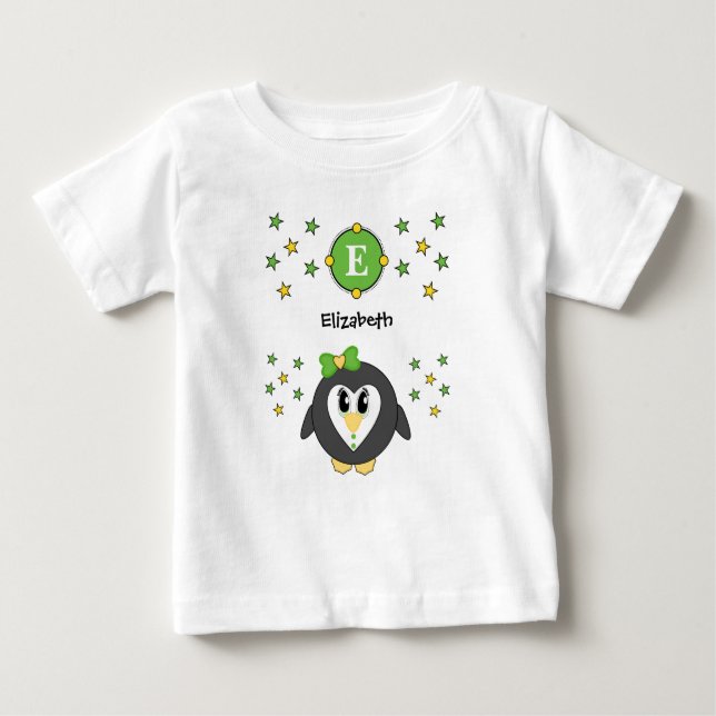 Camiseta Para Bebê O nome do pinguim bonito é amarelo verde (Frente)