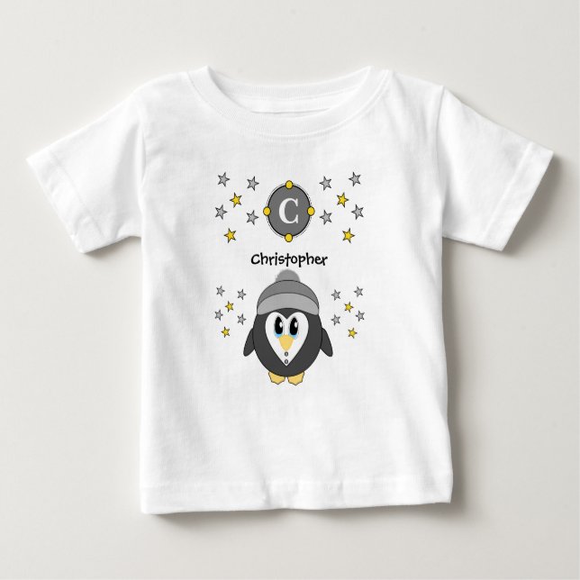 Camiseta Para Bebê O nome do pinguim bonito é cinza amarela (Frente)