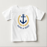 Camiseta Para Bebê O nome do seu barco Anchor Dourado Laurel deixa es<br><div class="desc">Uma âncora de barco náutica,  folhas de ouro e uma estrela dourada com e seu nome personalizado ou nome de barco em uma camiseta branca bebê. Várias cores para escolher. Faz um presente de excelente.</div>