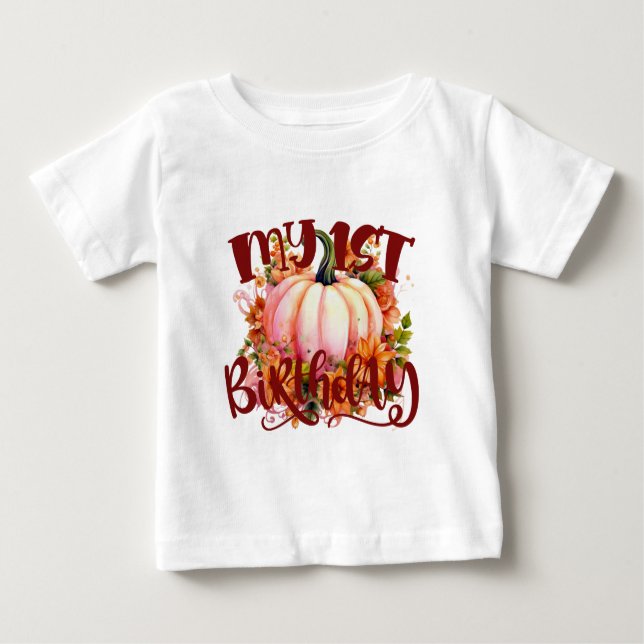 Camiseta Para Bebê O primeiro aniversario do nosso Pequeno Pumpkin (Frente)