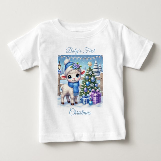 Camiseta Para Bebê O Primeiro Natal do Baby Boy Lamb (Frente)