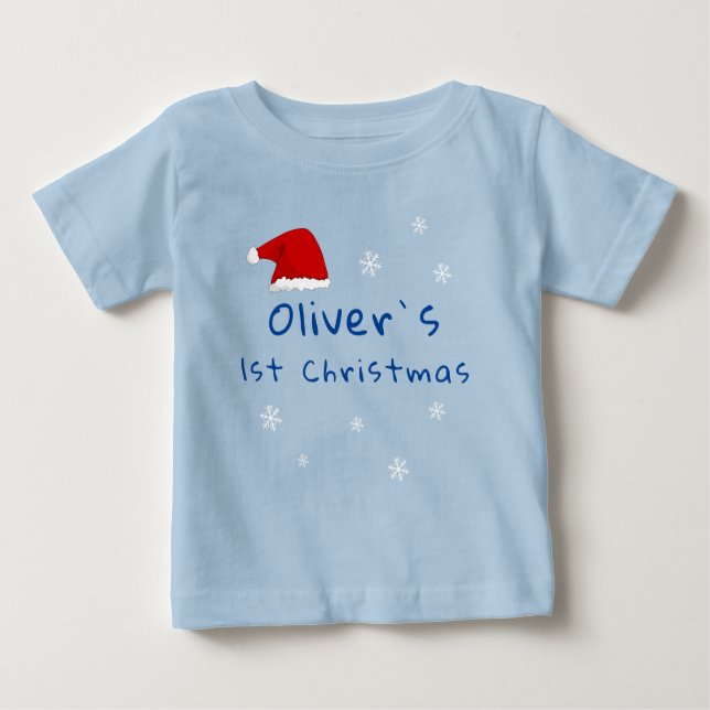 Camiseta Para Bebê O Primeiro Natal do Papai Noel Floco de Neve Azul (Frente)