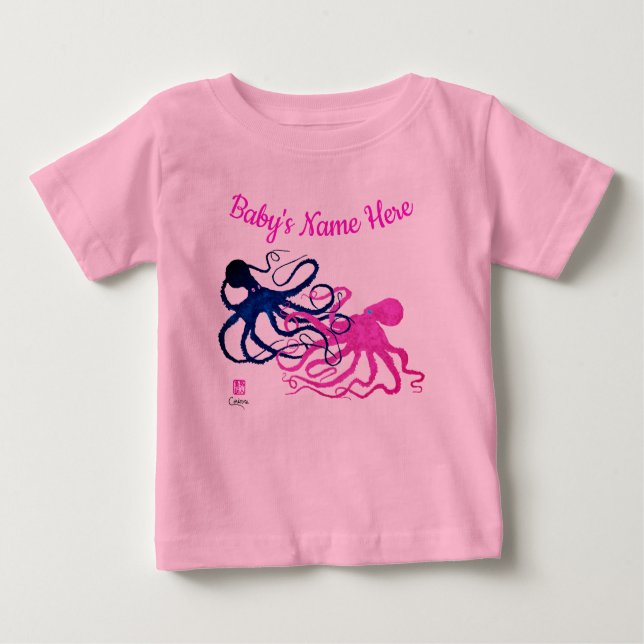 Camiseta Para Bebê Octopodas Azuis e Rosa - Bebê Tutu (Frente)