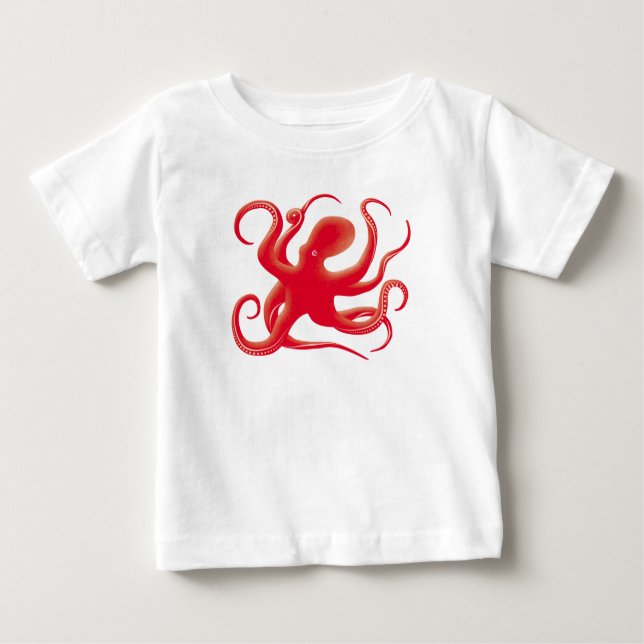 Camiseta Para Bebê Octopus de arte de vetor vermelho simples Silhouet (Frente)