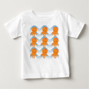 Camiseta Para Bebê Octopus Laranja E Padrão De Ondas Azuis