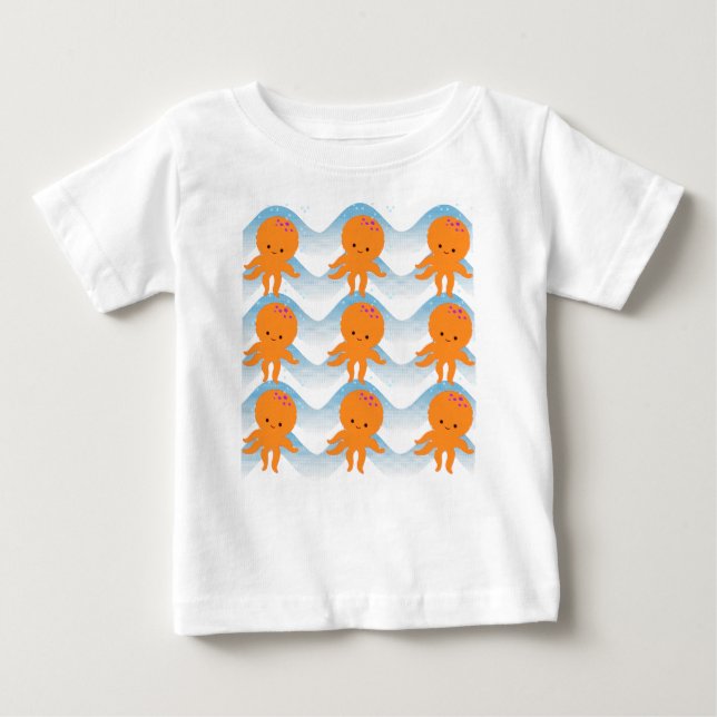 Camiseta Para Bebê Octopus Laranja E Padrão De Ondas Azuis (Frente)