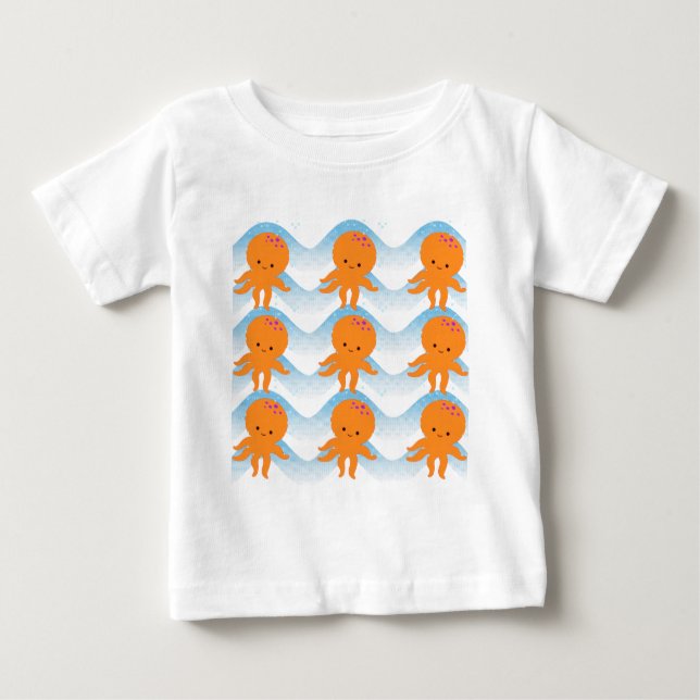 Camiseta Para Bebê Octopus Laranja E Padrão De Ondas Azuis (Frente)
