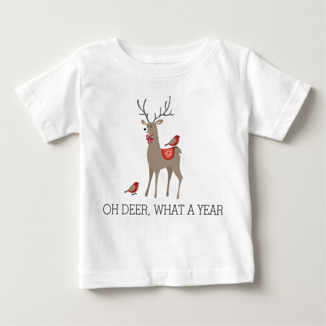 Camiseta Para Bebê OH DEER QUANTO ANO - Pássaros de Velhice de Natal (Frente)