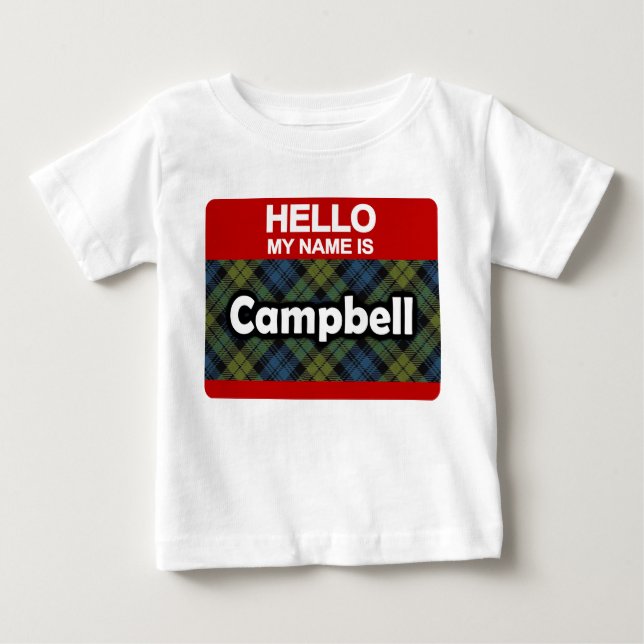 Camiseta Para Bebê Olá! meu nome é Tartan do Scottish de Campbell (Frente)
