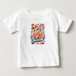 Camiseta Para Bebê Olá Verão Flamingo Fofo Férias na Praia Tropical