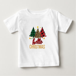 Camiseta Para Bebê Olá Xadrez de Natal, Leopard Trees, Nome Personali