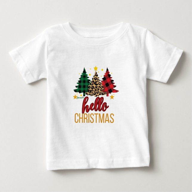 Camiseta Para Bebê Olá Xadrez de Natal, Leopard Trees, Nome Personali (Frente)