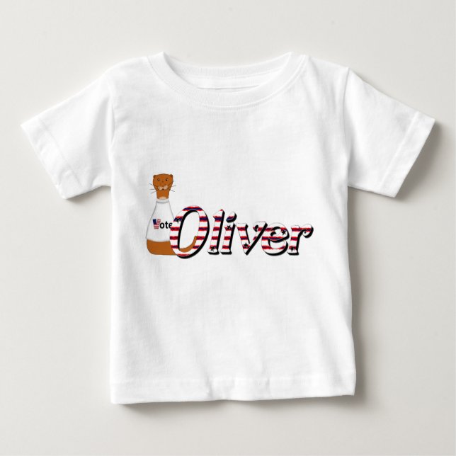 Camiseta Para Bebê Oliver, O Otter Diz: Saia e vote! (Frente)