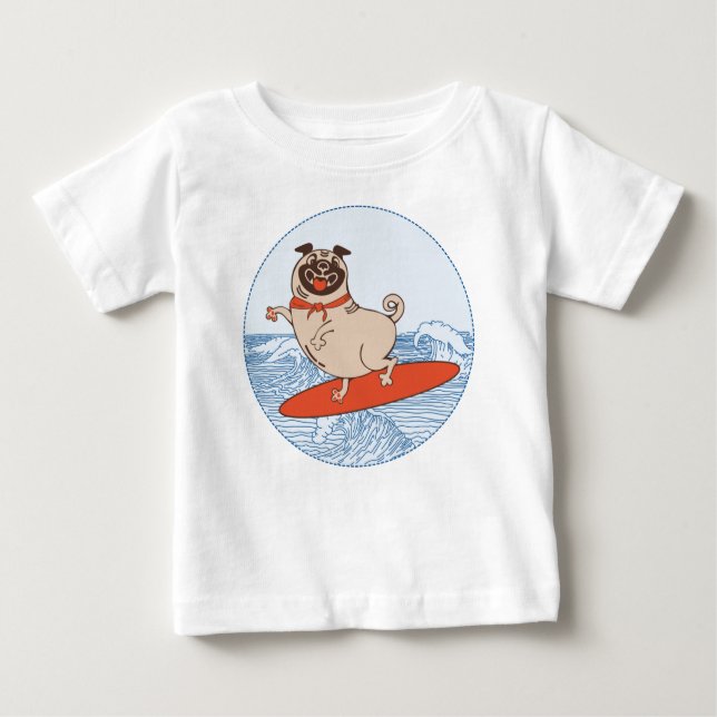 Camiseta Para Bebê Onda montando cachorro feliz no surfboard (Frente)