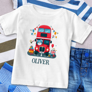 Camiseta Para Bebê Ônibus Duplo de Londres Fofo e Urso de Pelúcia
