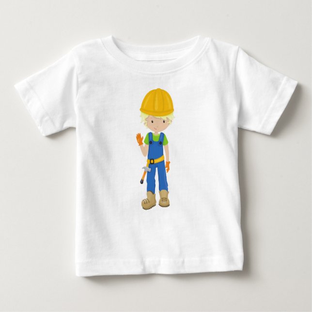 Camiseta Para Bebê Operário, Cabelo Loiro, Menino Bonito, Martelo (Frente)