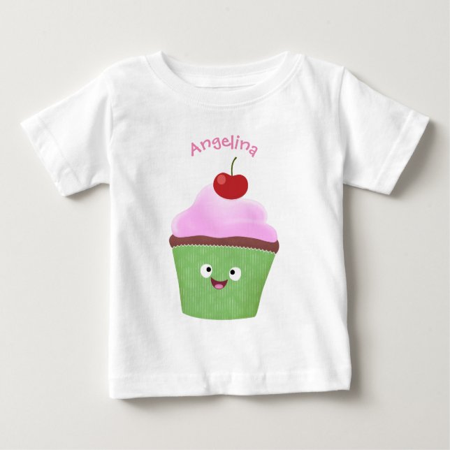 Camiseta Para Bebê Óptica ilustração do desenho animado do cupcake fe (Frente)