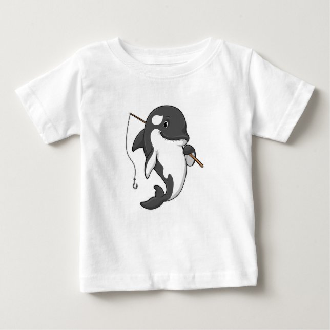 Camiseta Para Bebê Orca como pescador com cana de pesca (Frente)