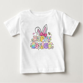 Camiseta Para Bebê Orelhas de Coelho da Páscoa Feliz com Laço Coquete