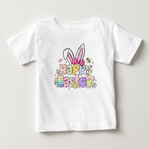 Camiseta Para Bebê Orelhas de Coelho da Páscoa Feliz com Laço Coquete