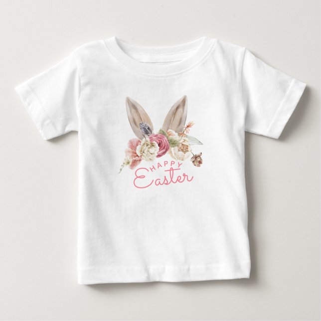 Camiseta Para Bebê Orelhas de Coelho Florais | Feliz Páscoa  (Frente)