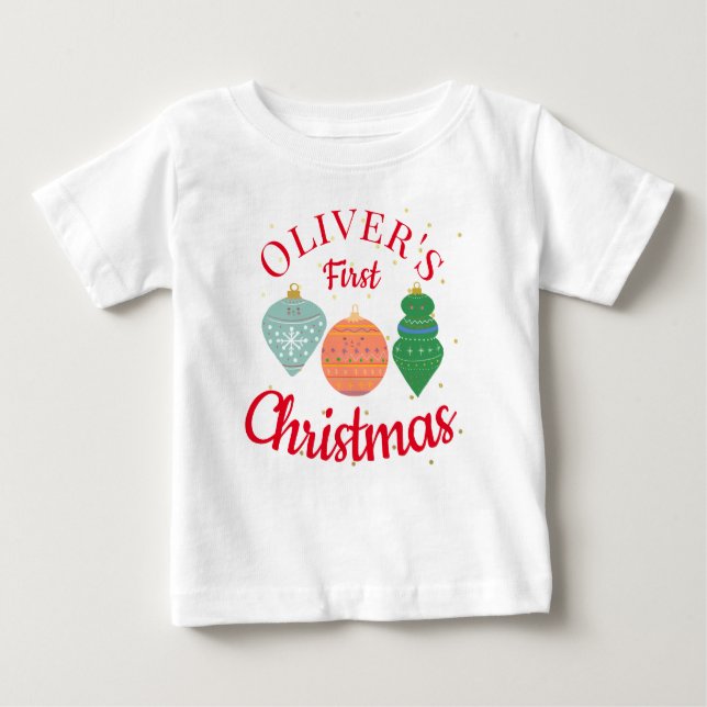 Camiseta Para Bebê Ornaço Kawaii Cute Personalizado Primeiro Natal (Frente)