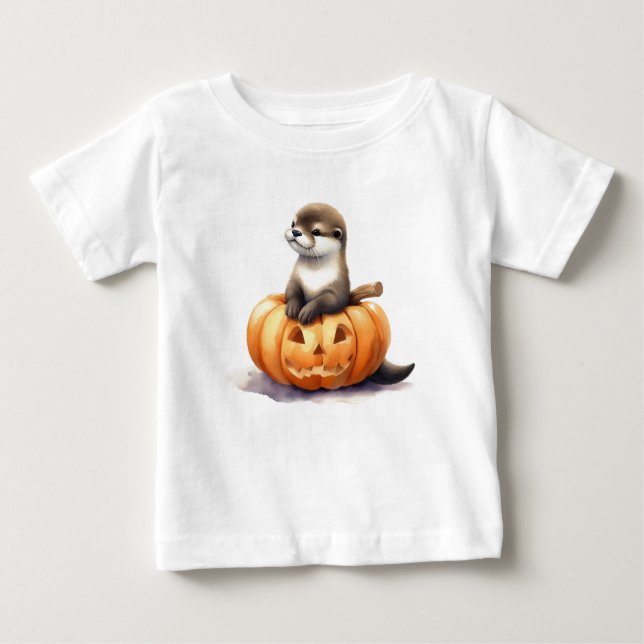 Camiseta Para Bebê Otter de Halloween de Aquarela Adorável (Frente)